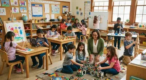 A school classroom of children and a teacher, each student engaged in a different activity. - Google Nano Banana 2 Lite
