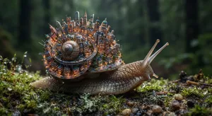 A snail whose shell contains a miniature city skyline, depicted in a hyperrealistic macro photography style with intricate architectural details and ambient lighting. - Google Nano Banana 2 Lite