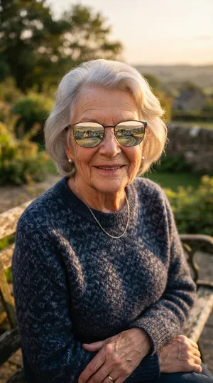 A ultra high-resolution portrait of an elderly woman with silver hair and bifocal glasses, each lens reflecting a distant landscape, captured in warm late-afternoon sunlight - Google Nano Banana 2 Lite