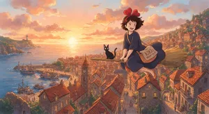 A young witch flying on a broomstick above a coastal town at sunset. Exact art style of 'Kiki's Delivery Service' by Studio Ghibli, with Miyazaki's character design and warm colors. - Google Nano Banana 2 Lite
