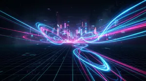 Abstract background graphic, cyberpunk aesthetic, neon pink/blue light trails on dark grid, sense of digital speed, for desktop wallpaper. - Google Nano Banana 2 Lite