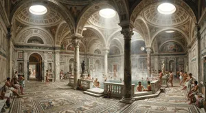 An ancient Roman bathhouse interior with accurate architectural details - marble columns, mosaic floors, arched ceilings, and steam rising from pools. Natural light from oculus openings. - Google Nano Banana 2 Lite
