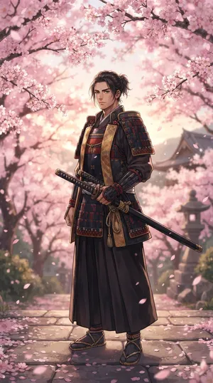 An anime-style portrait of a samurai standing under pink cherry blossoms. - Google Nano Banana 2 Lite