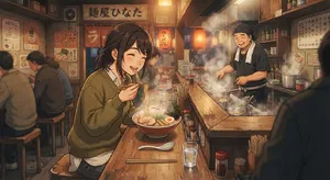 An anime scene of a character eating ramen at a small shop counter (slice-of-life style). - Google Nano Banana 2 Lite