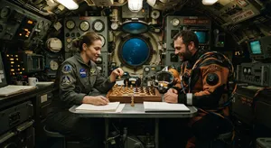 An astronaut and a deep-sea diver playing chess together inside a submarine. - Google Nano Banana 2 Lite