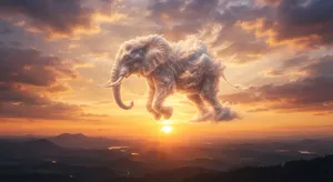 An elephant made of clouds floating in a sunset sky, rendered in a surrealist photorealistic style with ethereal golden lighting and atmospheric depth. - Google Nano Banana 2 Lite