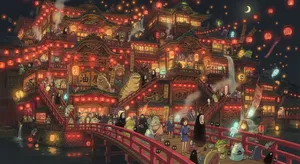 An enchanted bathhouse with glowing lanterns and spirits. Recreate the visual style of 'Spirited Away' by Studio Ghibli, with Miyazaki's ornate architecture and magical atmosphere. - Google Nano Banana 2 Lite