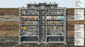 Cross-section rendering of a multi-level underground bunker with different functional areas, structural support systems, ventilation, and power generation facilities visible. - Google Nano Banana 2 Lite