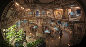 Interior of a futuristic space habitat with hydroponics gardens, communal areas, and living quarters. Show curved walls, artificial gravity considerations, and multipurpose furniture designs. - Google Nano Banana 2 Lite