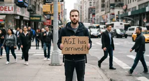 Photorealistic daytime street photograph, clearly showing a man standing still on a busy urban street corner holding a rectangular cardboard sign clearly facing camera, handwritten bold black marker text clearly readable as 