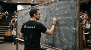 Photorealistic depiction of a man wearing a clearly visible black OpenAI-branded T-shirt. He is standing at the front of a university lecture hall, writing complex mathematics and AI-related equations across a large, dusty chalkboard filled with notation - Google Nano Banana 2 Lite