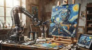 Photorealistic image of a robot painting a realistic self-portrait (i.e. the robot) on canvas, mimicking Van Gogh’s art style; clear, realistic metallic textures and painting details visible - Google Nano Banana 2 Lite