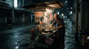 Rain-slicked Singapore street, 3 AM. A lone elderly hawker cleans his cart under one flickering fluorescent light. Steam rises gently. Low-angle shot, photorealistic - Google Nano Banana 2 Lite
