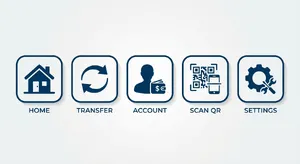 Set of 5 consistent flat design icons for a mobile banking app: 'Home', 'Transfer', 'Account', 'Scan QR', 'Settings'. Monochrome dark blue. - Google Nano Banana 2 Lite