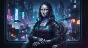The Mona Lisa reimagined as a futuristic android, rendered in a digital art style that preserves Da Vinci's composition while incorporating sleek cyberpunk aesthetics and technological elements. - Google Nano Banana 2 Lite