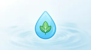 Visual element for an infographic about water conservation. Stylized water droplet icon containing a small green leaf, clean vector art. - Google Nano Banana 2 Lite