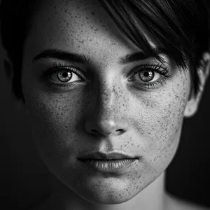 A black and white close-up portrait of a freckled woman with an intense gaze. - Google Imagen 3.0