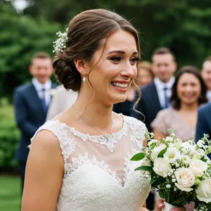A bride on her wedding day, smiling with tears of joy in her eyes. - Google Imagen 3.0