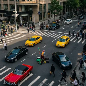A busy city intersection with cars, pedestrians, and street performers all in one frame. - Google Imagen 3.0