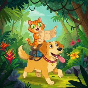 A cartoon of a cat and a dog on an adventure, drawn in a colorful 2D style. - Google Imagen 3.0
