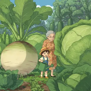 A child and elder tending oversized vegetables in a garden. Reproduce the artistic style of Studio Ghibli, with their distinctive character proportions and detailed plant illustrations. - Google Imagen 3.0