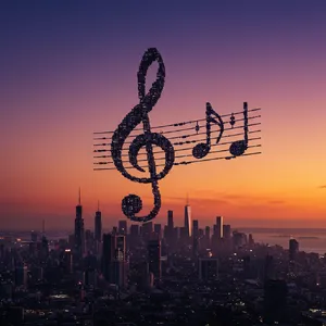 A city skyline that forms the shape of musical notes on a staff, created in a stylized graphic design aesthetic with clean architectural lines and dramatic twilight colors. - Google Imagen 3.0