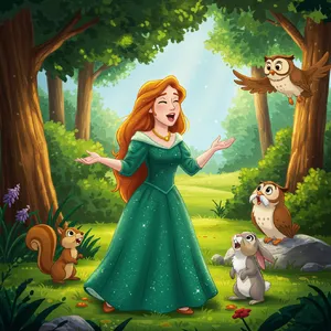 A classic Disney-like 2D cartoon princess singing with animals in a forest. - Google Imagen 3.0