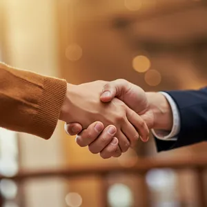 A close-up of two people shaking hands, both hands fully visible with five fingers each, in sharp focus against a blurred background. - Google Imagen 3.0