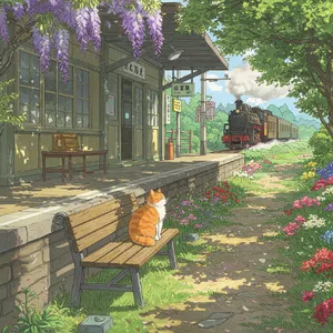 A countryside train station with a cat waiting on a bench. Rendered in Studio Ghibli animation style with Miyazaki's watercolor backgrounds and hand-drawn quality. - Google Imagen 3.0