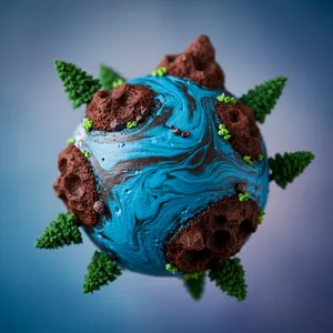 A dessert cake that looks like a tiny planet, complete with miniature trees and mountains, photographed in a professional food photography style with tilt-shift focus effect. - Google Imagen 3.0