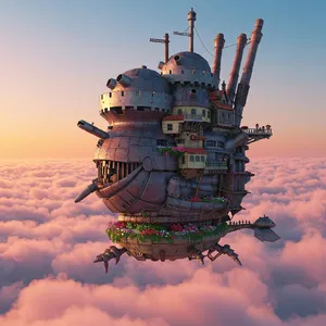 A flying castle floating in clouds at sunrise. Match the visual aesthetic of 'Howl's Moving Castle' by Studio Ghibli, with Miyazaki's blend of steampunk elements and fantasy. - Google Imagen 3.0
