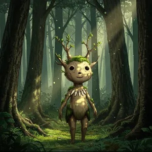 A forest spirit standing among tall trees. Replicate the artistic style of 'Princess Mononoke' by Studio Ghibli, with Miyazaki's detailed environments and mystical creature design. - Google Imagen 3.0