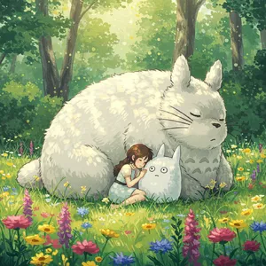 A girl and a giant fluffy creature napping in a wildflower meadow. Reproduce the art style of 'My Neighbor Totoro' by Studio Ghibli, with Miyazaki's soft character designs. - Google Imagen 3.0