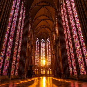 A Gothic cathedral interior at sunset with light streaming through detailed stained glass windows, creating colored patterns on stone floors and columns. Show accurate ribbed vaulting. - Google Imagen 3.0