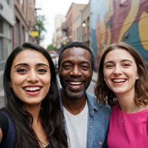 A group selfie of three friends of different ethnic backgrounds smiling at the camera. - Google Imagen 3.0