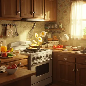 A kitchen with magical cooking implements preparing breakfast. Duplicate the artistic style of Studio Ghibli's domestic scenes, with Miyazaki's detailed settings and warm lighting. - Google Imagen 3.0