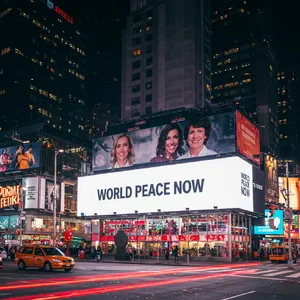 A large storefront billboard at Times Square displaying the slogan “WORLD PEACE NOW” in bold, clear letters, amidst a vibrant cityscape at night. - Google Imagen 3.0