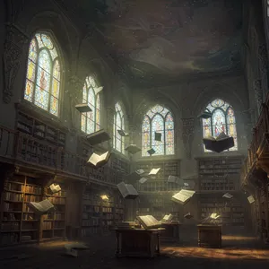 A library where the books are glowing and floating in mid-air, illustrated in a magical realism style with dramatic lighting and rich atmospheric colors. - Google Imagen 3.0