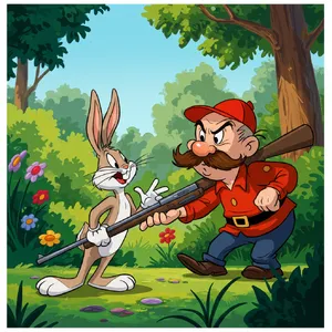 A Looney Tunes-inspired cartoon scene of a clever rabbit tricking a hunter. - Google Imagen 3.0