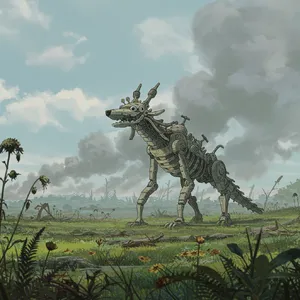 A mechanical creature in a polluted landscape. Capture the visual aesthetic of 'Nausicaä' by Studio Ghibli, with Miyazaki's mechanical designs and environmental contrast. - Google Imagen 3.0