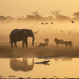 A misty dawn at an African savanna watering hole where elephants, lions, and zebras coexist in tense harmony, with a crocodile partially submerged in the foreground and flamingos taking flight in the background, golden hour lighting. - Google Imagen 3.0