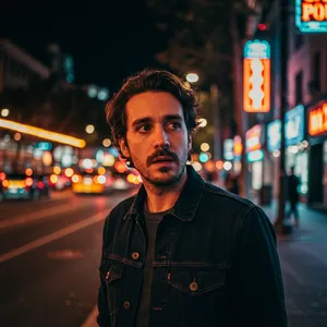 A nighttime portrait of a man lit by neon signs on a city street. - Google Imagen 3.0