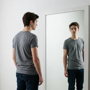 A person standing before a mirror, with their front and reflected back both visible. - Google Imagen 3.0