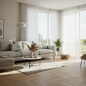 A photorealistic interior of a modern Scandinavian-style living room with natural light streaming through floor-to-ceiling windows. Show detailed wood textures, fabric materials, and proper light reflections. - Google Imagen 3.0