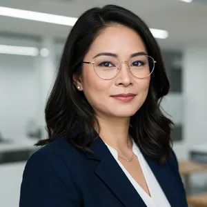 A professional headshot of a businesswoman wearing glasses, against a blurred background. - Google Imagen 3.0