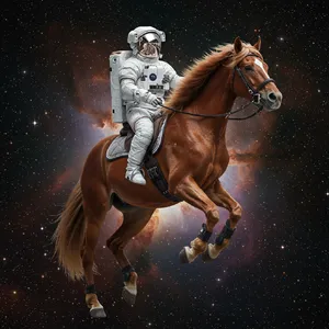 A realistic astronaut being ridden by a horse, photorealistic depiction in outer space with accurate lighting and proportions - Google Imagen 3.0