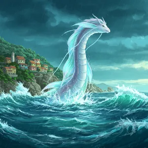 A sea creature rising from a stormy ocean near a village. Replicate the visual style of 'Ponyo' by Studio Ghibli, with Miyazaki's fluid water animations and vibrant creatures. - Google Imagen 3.0