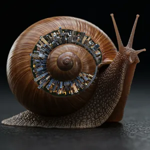 A snail whose shell contains a miniature city skyline, depicted in a hyperrealistic macro photography style with intricate architectural details and ambient lighting. - Google Imagen 3.0