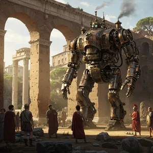 A steampunk robot time-traveling in ancient Rome, depicted in a detailed cinematic style that blends historical accuracy with copper and brass retrofuturistic aesthetics. - Google Imagen 3.0