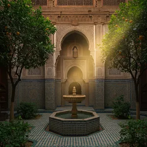 A traditional Moroccan riad courtyard with detailed zellige tilework, flowing fountain, citrus trees, and ornate woodwork. Morning light casting intricate shadow patterns. - Google Imagen 3.0